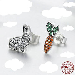 925 Sterling Silver Cute Rabbit & Carrot Clear CZ Stud Earrings - Happyboca