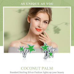 925 Sterling Silver Coconut palm Plant Green Enamel Stud Earrings - Happyboca