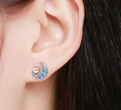 925 Sterling Silver Blue CZ Moon & Sweet Heart Stud Earrings - Happyboca
