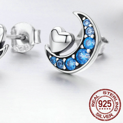 925 Sterling Silver Blue CZ Moon & Sweet Heart Stud Earrings