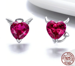925 Sterling Silver Angel And Devil Pink CZ Heart Stud Earrings - Happyboca