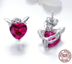 925 Sterling Silver Angel And Devil Pink CZ Heart Stud Earrings - Happyboca