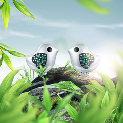 925 Sterling Silver Lovely Little Bird Clear CZ Green Heart Stud Earrings - Happyboca