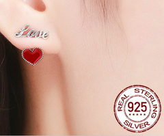 925 Sterling Silver Exquisite Red Heart Love & Kiss Letter Stud Earrings - Happyboca