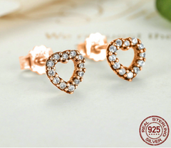 925 Sterling Silver Captured Hearts, Rose & Clear CZ Female Stud Earrings - Happyboca