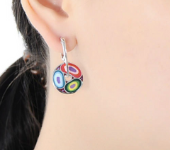 Silver Earrings w/Colorful Enamel Women Round Circle Earrings - Happyboca