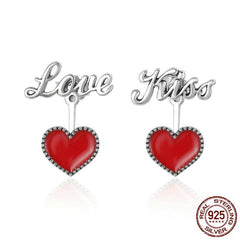 925 Sterling Silver Exquisite Red Heart Love & Kiss Letter Stud Earrings - Happyboca