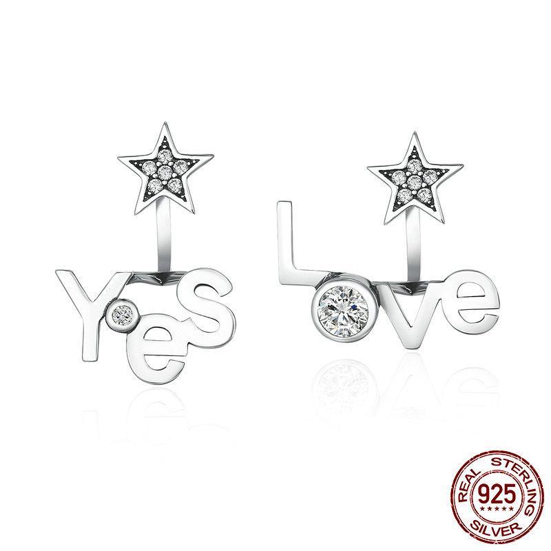 925 Sterling Silver Yes & Love Letter Star Shape Stud Earrings - Happyboca
