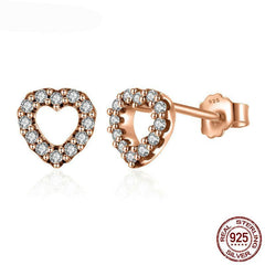 925 Sterling Silver Captured Hearts, Rose & Clear CZ Female Stud Earrings - Happyboca