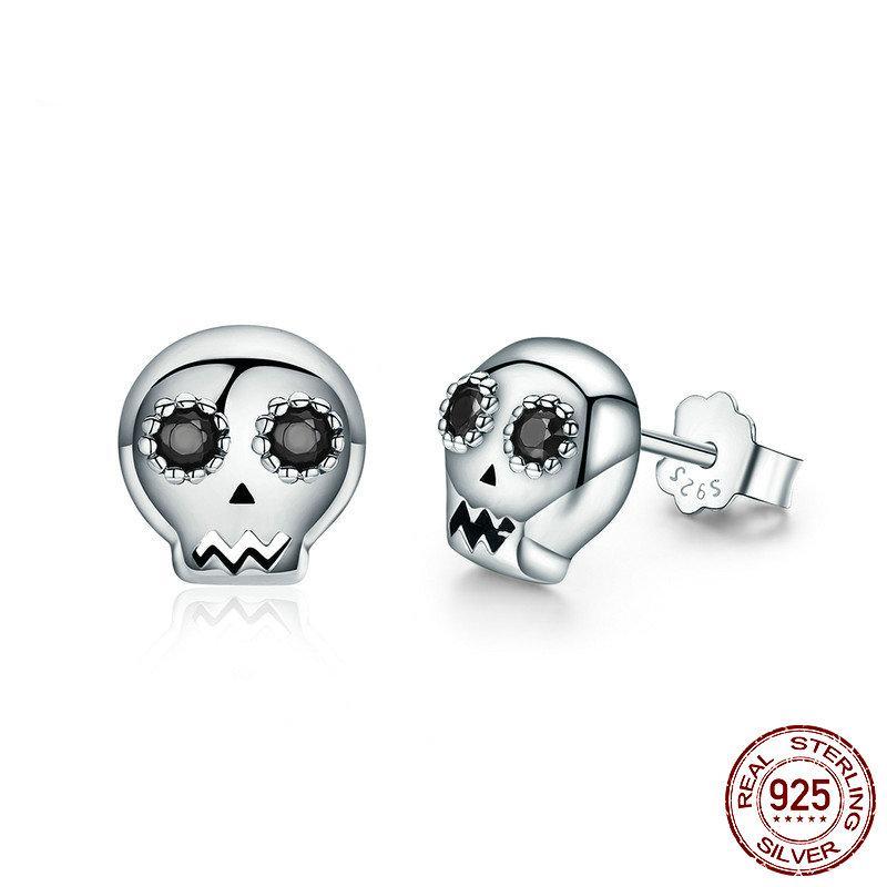 925 Sterling Silver Skull Skeleton Stud Earrings for Women Black Clear - Happyboca