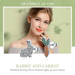 925 Sterling Silver Cute Rabbit & Carrot Clear CZ Stud Earrings