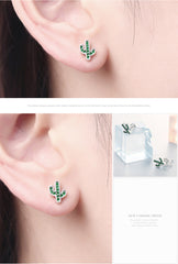 100% 925 Sterling Silver White & Green Cactus Stud Earrings - Happyboca