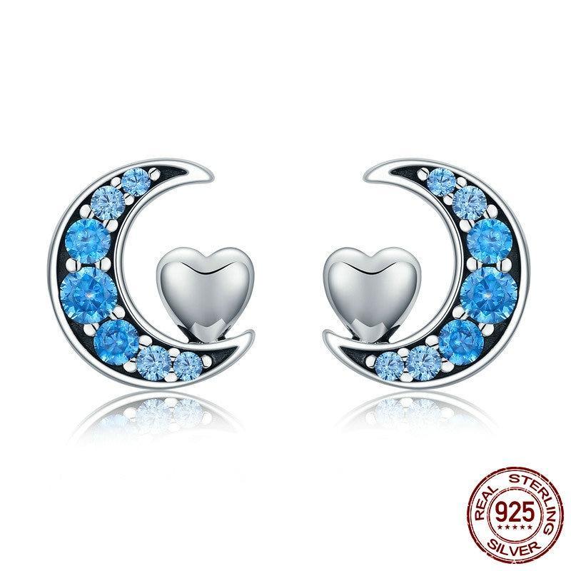 925 Sterling Silver Blue CZ Moon & Sweet Heart Stud Earrings - Happyboca