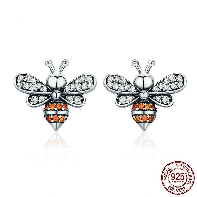 925 Sterling Silver Bee Story Clear CZ Exquisite Stud Earrings - Happyboca