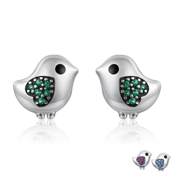 925 Sterling Silver Lovely Little Bird Clear CZ Green Heart Stud Earrings - Happyboca