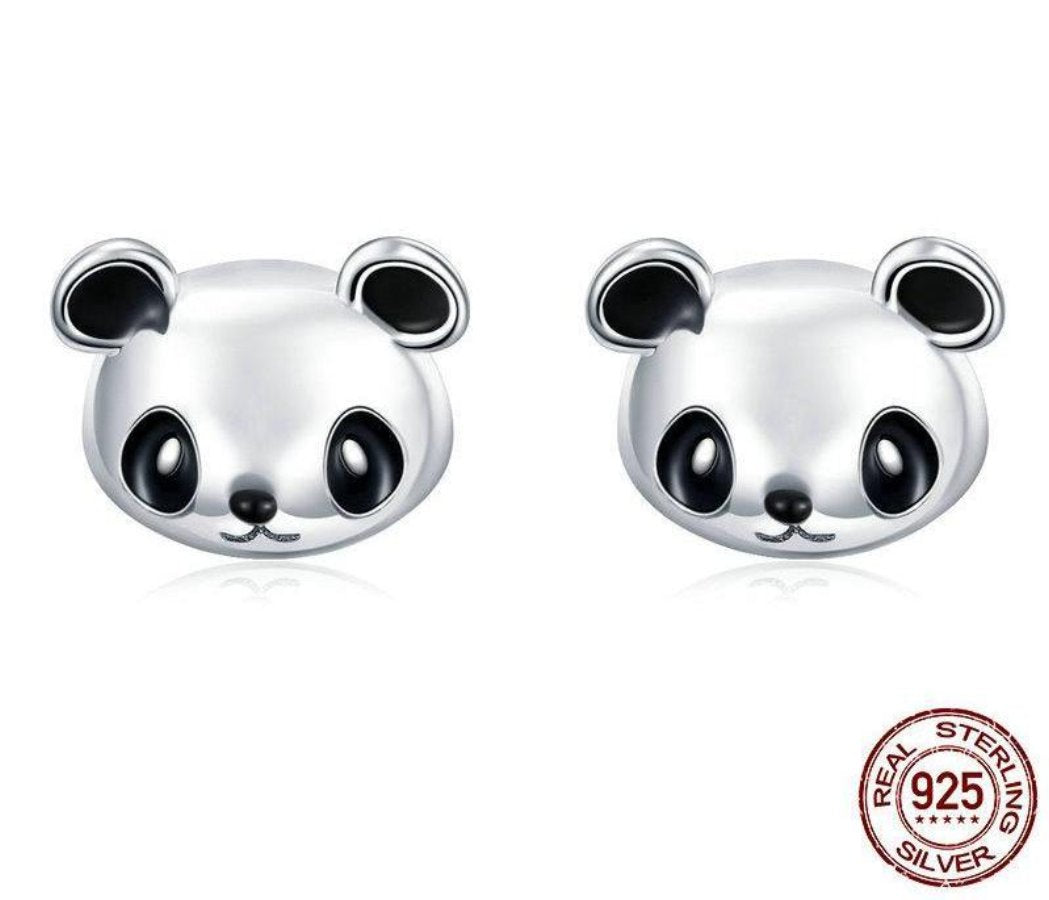 Genuine 100% 925 Sterling Silver Cute Panda Stud Earrings