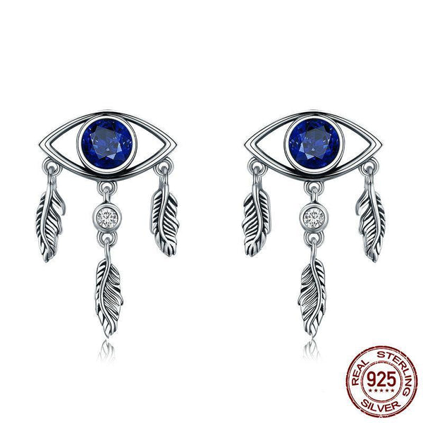 100% 925 Sterling Silver Guarding Blue Eyes Feathers Stud Earrings - Happyboca