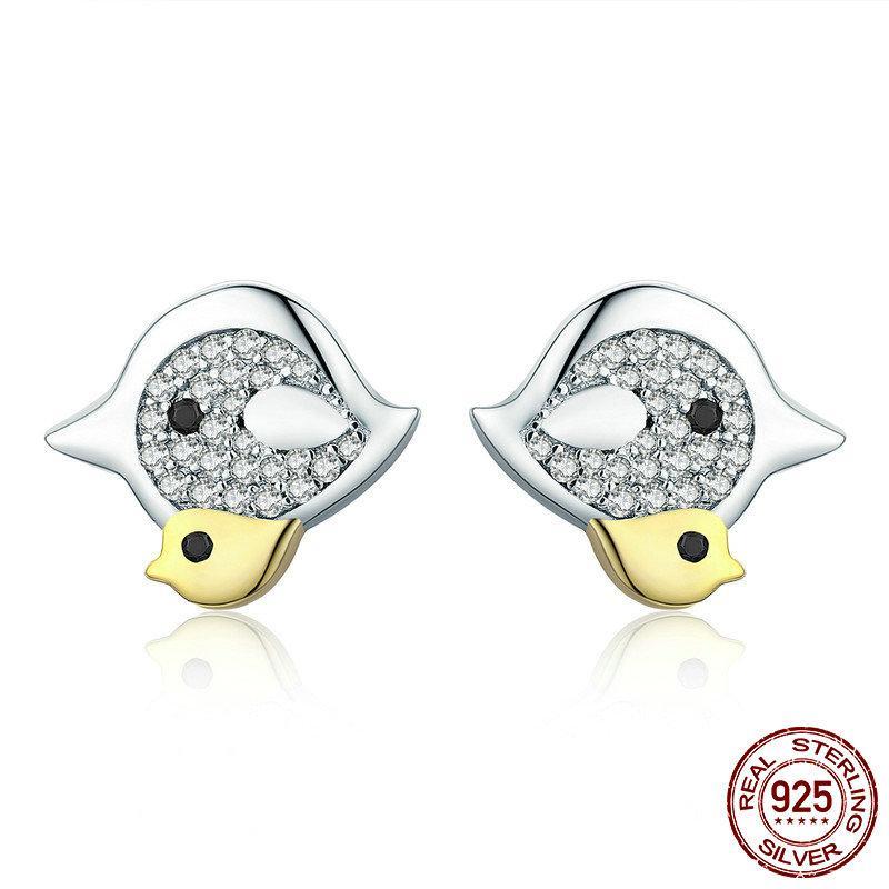 Genuine 925 Sterling Silver Bird Mother with Fledgling Stud Earrings - Happyboca