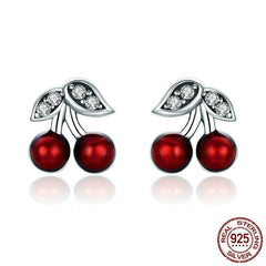 925 Sterling Silver Summer Cherry Red Enamel & CZ Stud Earrings - Happyboca