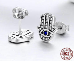925 Sterling Silver Fashion Hamsa Hand Clear CZ Stud Earrings - Happyboca