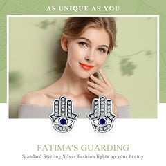 925 Sterling Silver Fashion Hamsa Hand Clear CZ Stud Earrings - Happyboca