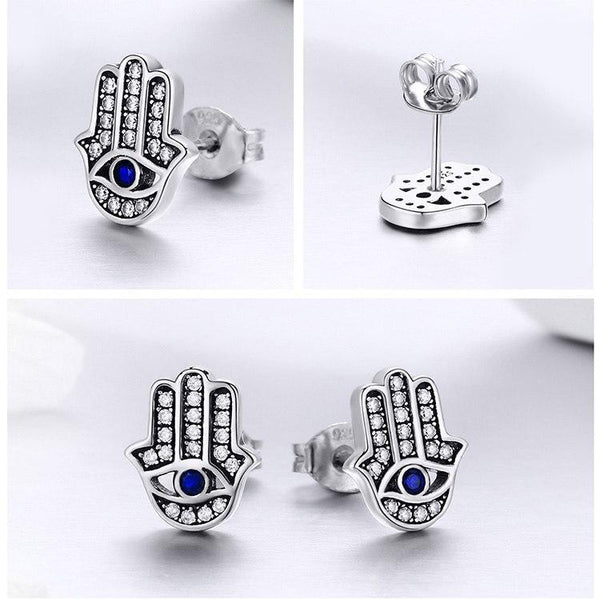 925 Sterling Silver Fashion Hamsa Hand Clear CZ Stud Earrings - Happyboca