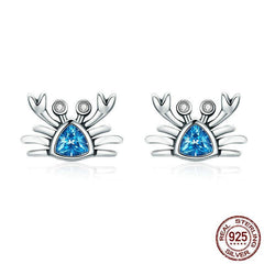 925 Sterling Silver Cute Ocean Crab Small Blue CZ Stud Earrings - Happyboca