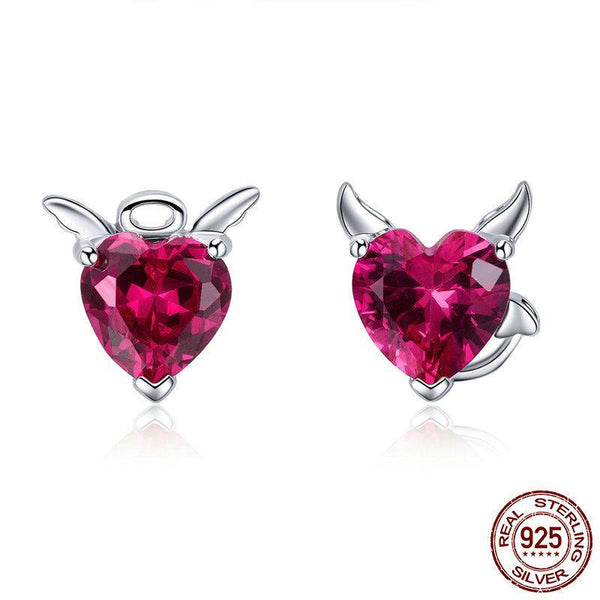 925 Sterling Silver Angel And Devil Pink CZ Heart Stud Earrings - Happyboca