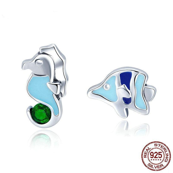 925 Sterling Silver Seahorse And Tropical Fish Color Enamel Stud Earrings