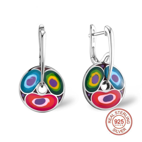 Silver Earrings w/Colorful Enamel Women Round Circle Earrings - Happyboca