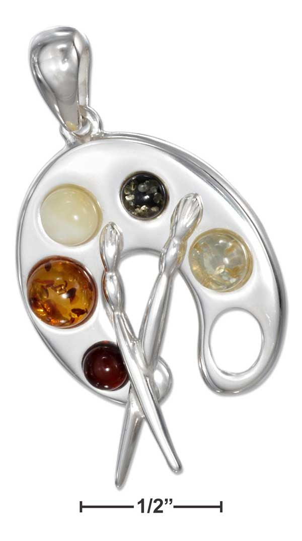 Sterling Silver Artist Palette Pendant with Amber Stones and Brushes