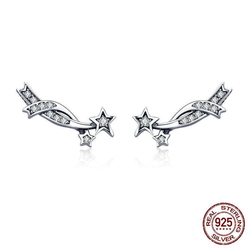 925 Sterling Silver Elegant Shining Meteor Star Clear CZ Stud Earrings