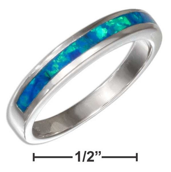 Sterling Silver Synthetic Blue Opal Stripe Inlay Band Ring - Happyboca