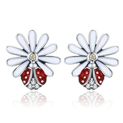 925 Sterling Silver Daisy Flower Red Ladybug Stud Earrings - Happyboca