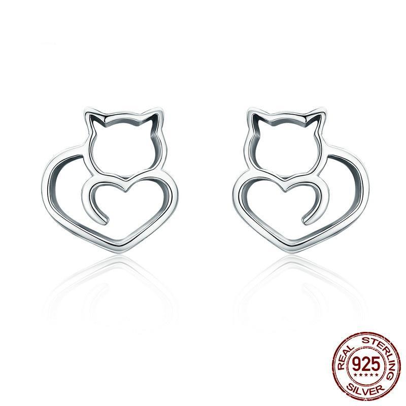 925 Sterling Silver Cute Cat Small Stud Earrings - Happyboca