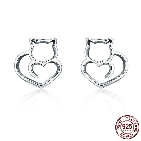 925 Sterling Silver Cute Cat Small Stud Earrings - Happyboca